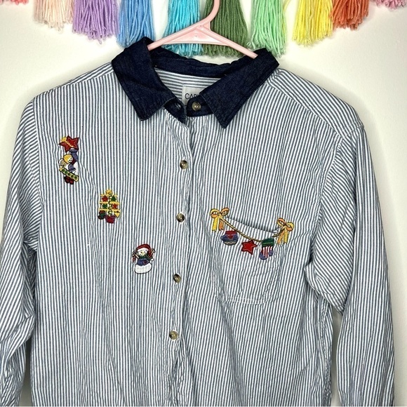 Cabin Creek Seersucker Stripe Button Down Long Sleeve Christmas Shirt Medium P - Picture 2 of 10